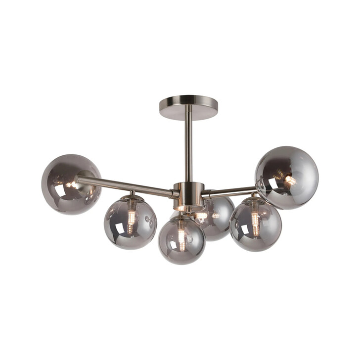 Idolite Calix Satin Nickel 71.5cm Semi-Flush 3 Arm 6 Light Complete With Smoke Plated Glass Globe Shades