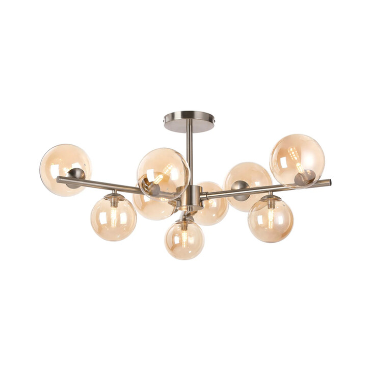 Idolite Calix Satin Nickel 88cm Semi-Flush 3 Arm 9 Light Complete With Amber Plated Glass Globe Shades