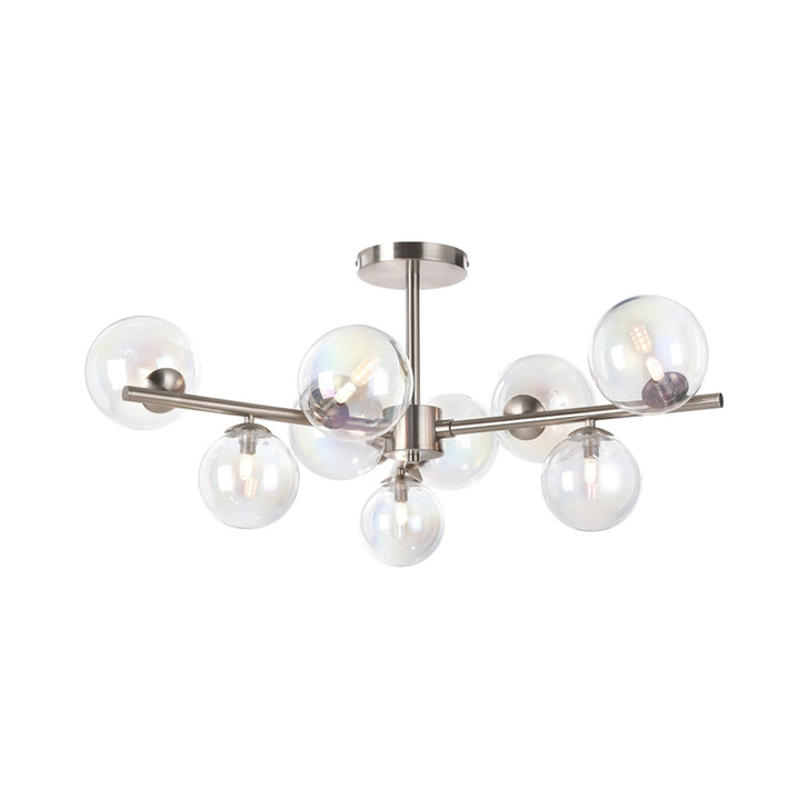 Idolite Calix Satin Nickel 88cm Semi-Flush 3 Arm 9 Light Complete With Iridescent Plated Glass Globe Shades