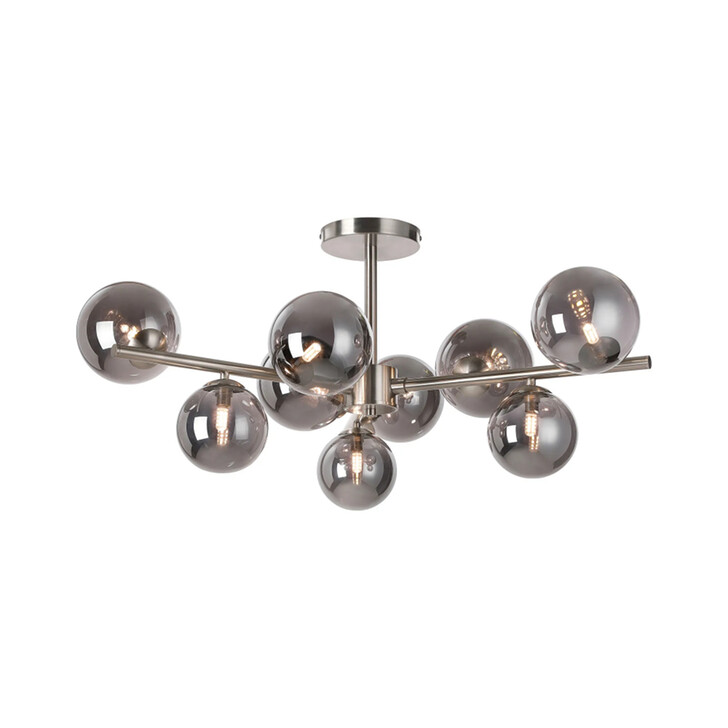 Idolite Calix Satin Nickel 88cm Semi-Flush 3 Arm 9 Light Complete With Smoke Plated Glass Globe Shades