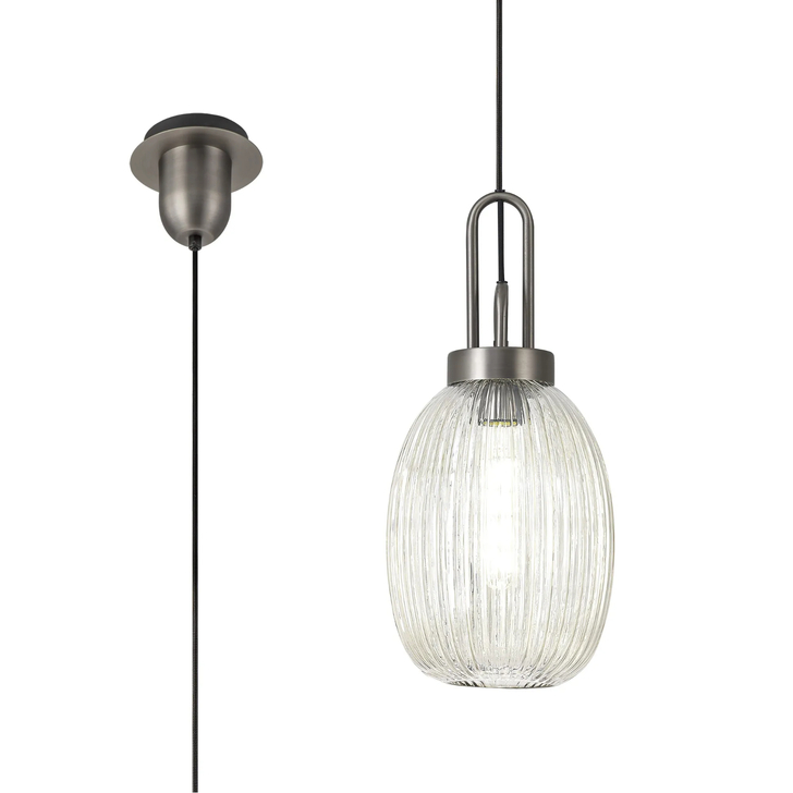 Idolite Camille 1 Light Pendant E27 20cm Almond Ribbed Glass, Champagne Antique Silver/Black
