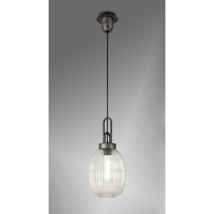 Idolite Camille 1 Light Pendant E27 20cm Almond Ribbed Glass, Clear Black/Aged Pewter