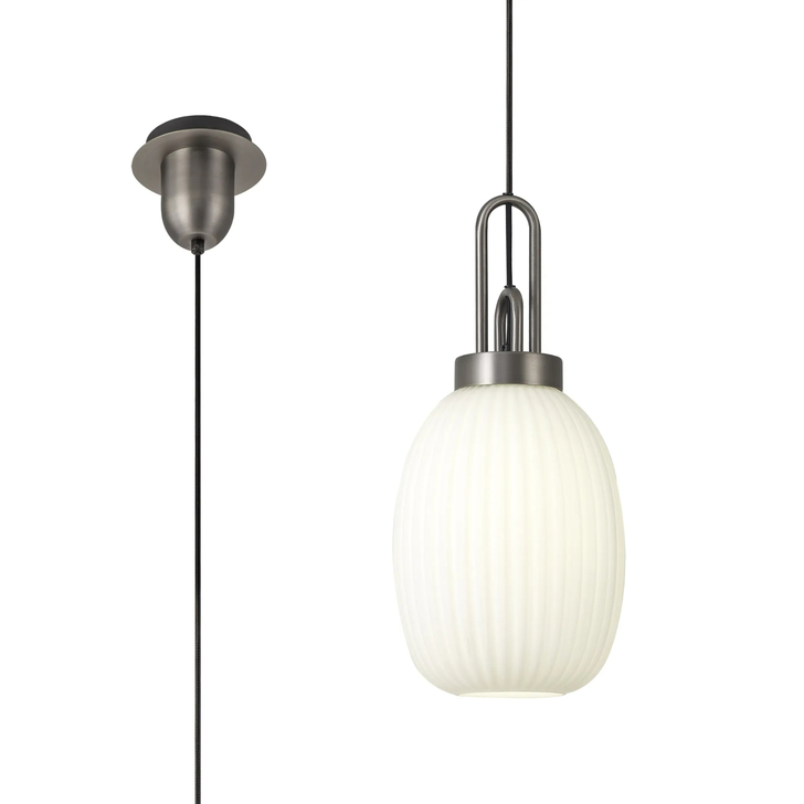 Idolite Camille 1 Light Pendant E27 20cm Almond Ribbed Glass, Opal Antique Silver/Black
