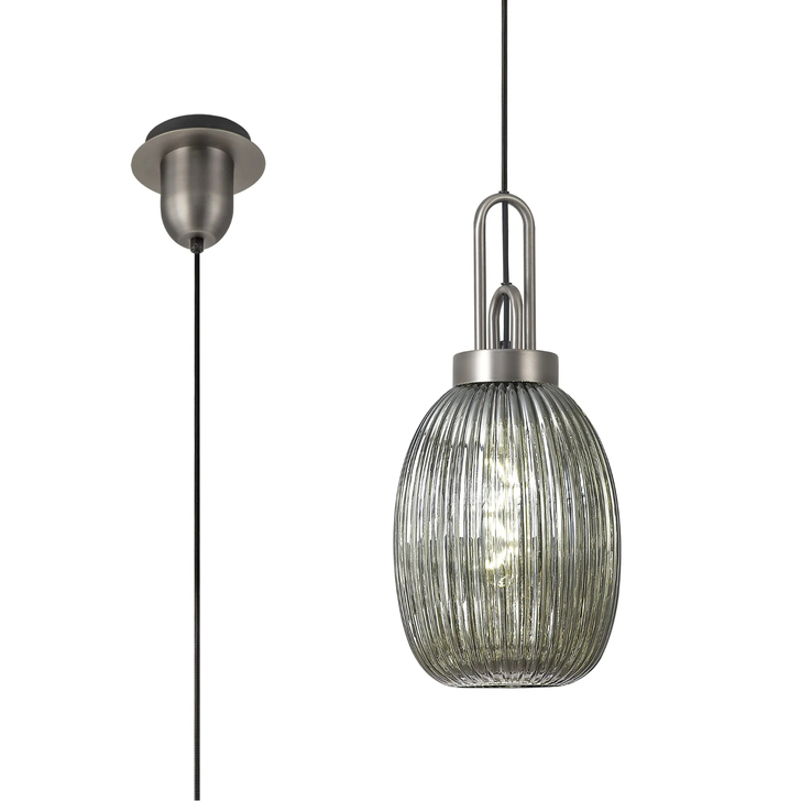 Idolite Camille 1 Light Pendant E27 20cm Almond Ribbed Glass, Smoked Antique Silver/Black