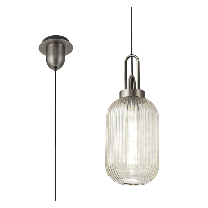 Idolite Camille 1 Light Pendant E27 20cm Tubular Ribbed Glass, Champagne Antique Silver/Black