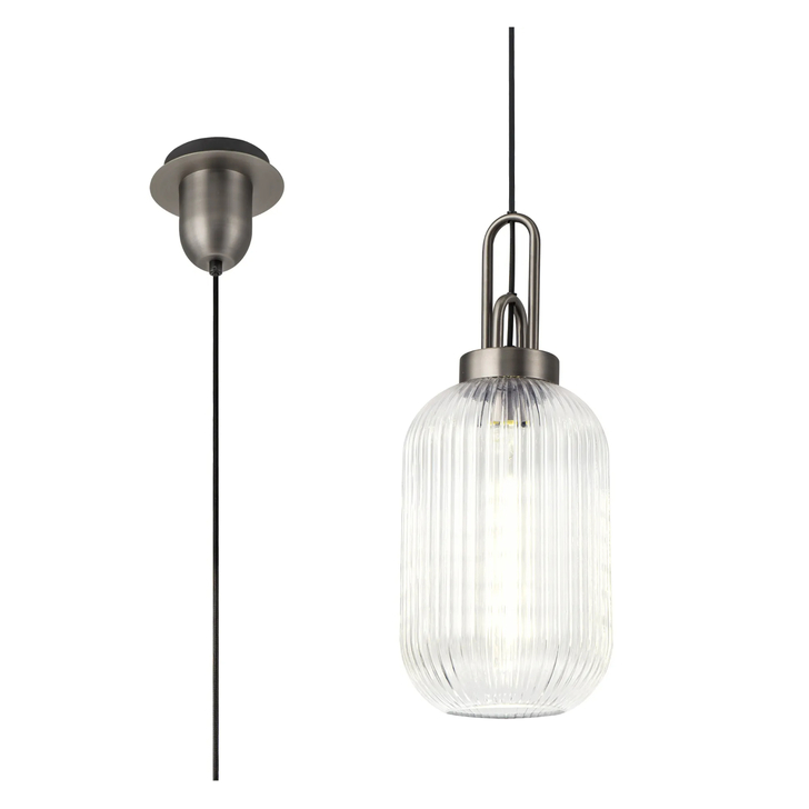 Idolite Camille 1 Light Pendant E27 20cm Tubular Ribbed Glass, Clear Antique Silver/Black