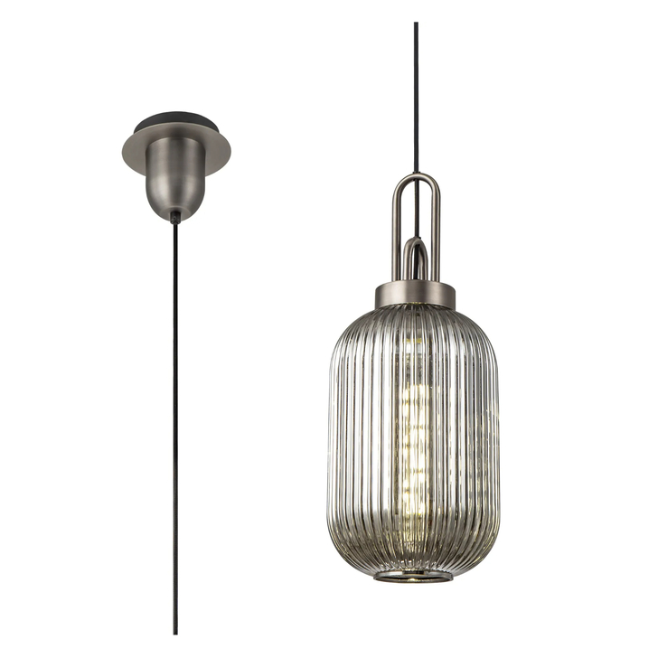 Idolite Camille 1 Light Pendant E27 20cm Tubular Ribbed Glass, Smoked Antique Silver/Black