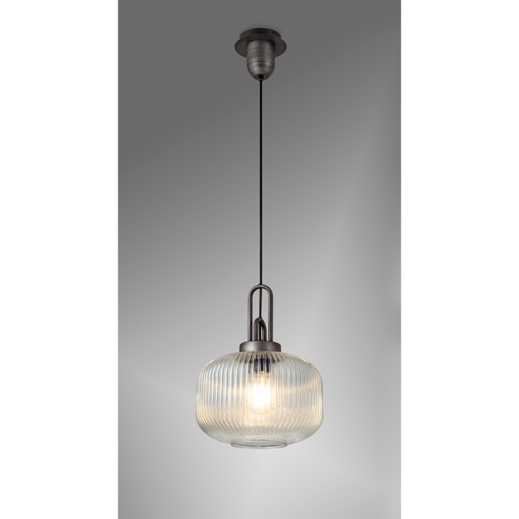 Idolite Camille 1 Light Pendant E27 30cm Pumpkin Shaped Ribbed Glass, Clear Black/Aged Pewter