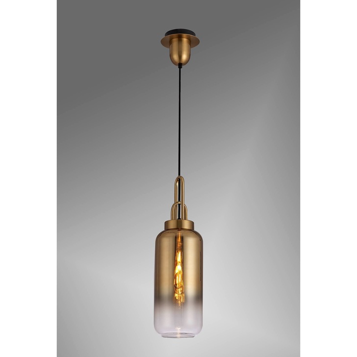 Idolite Camille 1 Light Pendant E27 With 16cm Cylinder Glass, Brass Gold/Matt Black/Clear