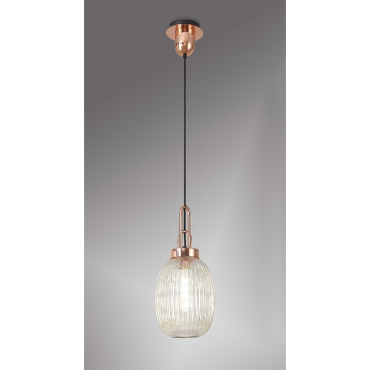 Idolite Camille 1 Light Pendant E27 With 20cm Almond Ribbed Glass, Champagne Copper/Matt Black