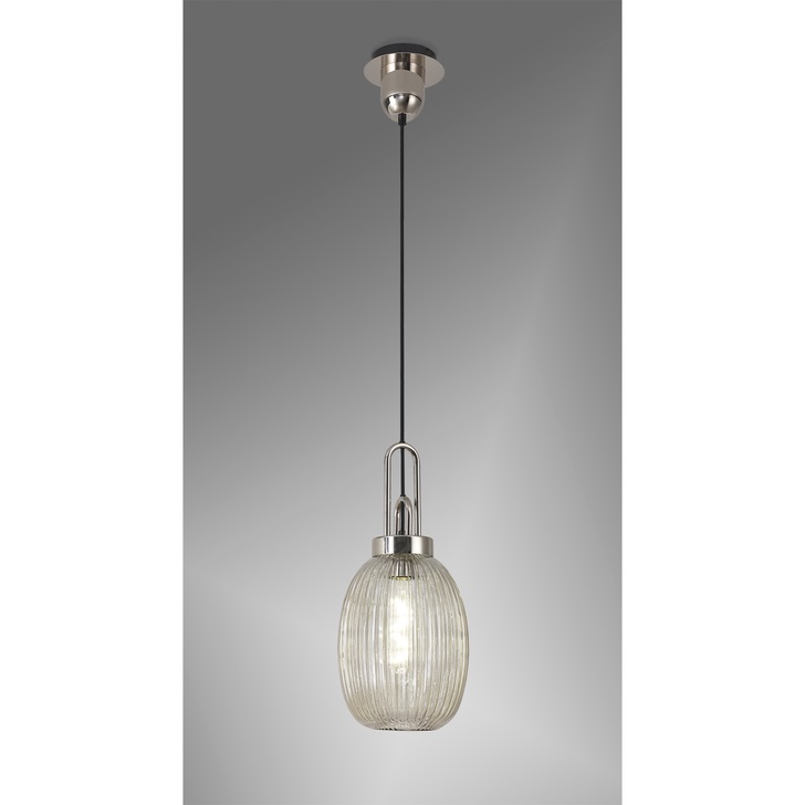 Idolite Camille 1 Light Pendant E27 With 20cm Almond Ribbed Glass, Champagne Polished Nickel/Matt Black