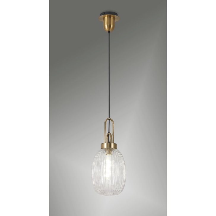 Idolite Camille 1 Light Pendant E27 With 20cm Almond Ribbed Glass, Clear Brass Gold/Matt Black