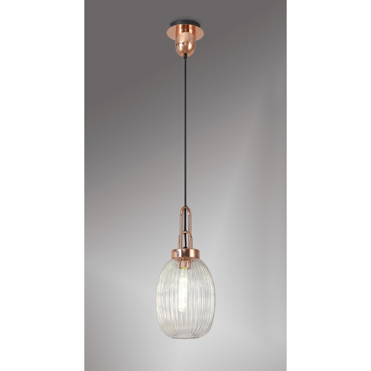 Idolite Camille 1 Light Pendant E27 With 20cm Almond Ribbed Glass, Clear Copper/Matt Black