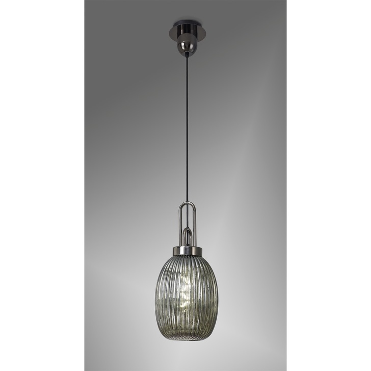 Idolite Camille 1 Light Pendant E27 With 20cm Almond Ribbed Glass, Smoked Black Chrome/Matt Black