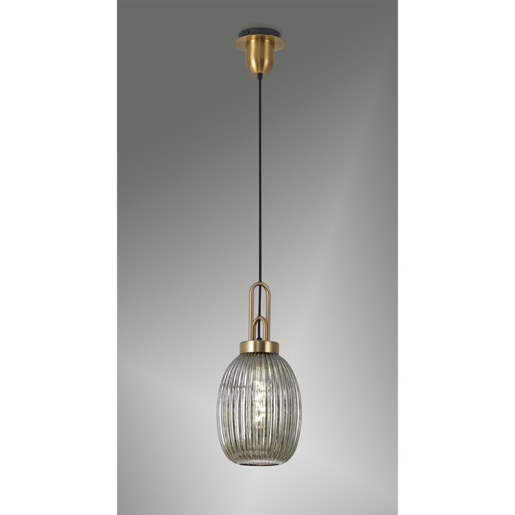 Idolite Camille 1 Light Pendant E27 With 20cm Almond Ribbed Glass, Smoked Brass Gold/Matt Black