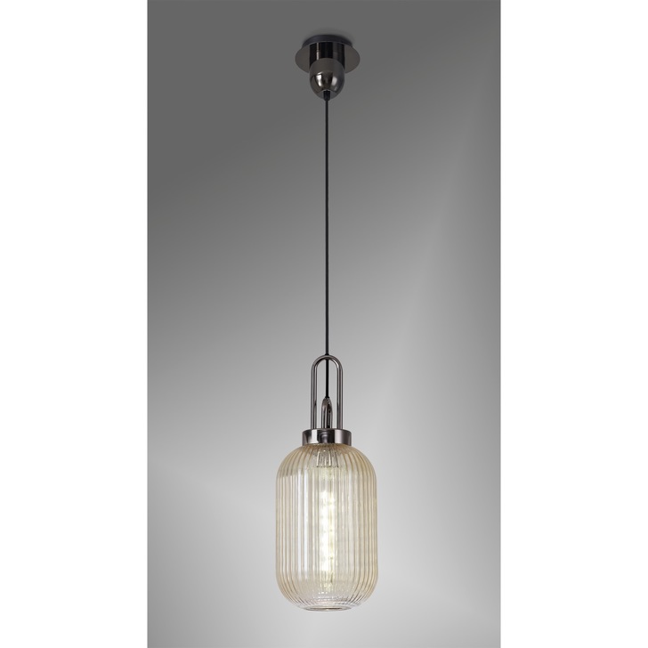 Idolite Camille 1 Light Pendant E27 With 20cm Tubular Ribbed Glass, Champagne Black Chrome/Matt Black