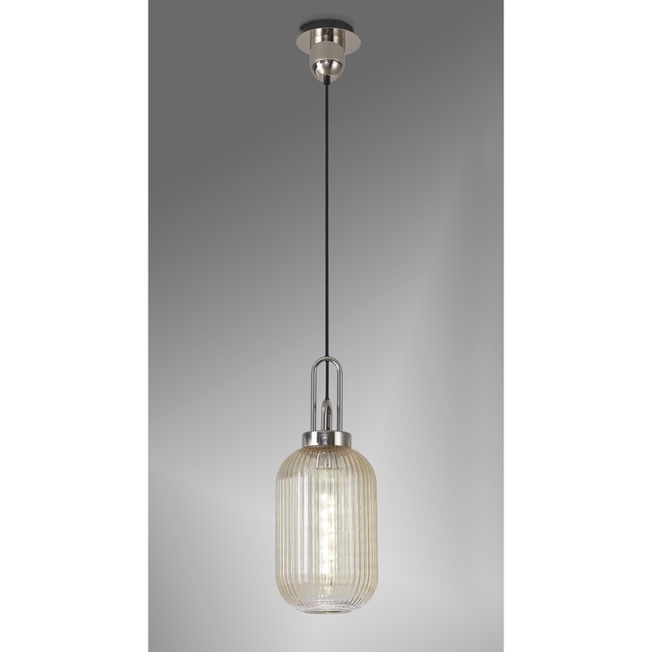 Idolite Camille 1 Light Pendant E27 With 20cm Tubular Ribbed Glass, Champagne Polished Nickel/Matt Black