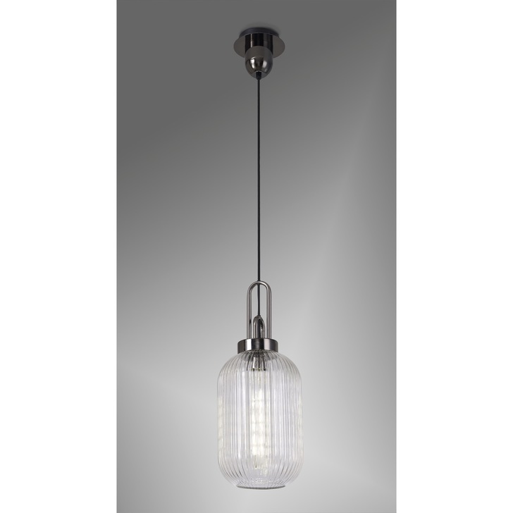 Idolite Camille 1 Light Pendant E27 With 20cm Tubular Ribbed Glass, Clear Black Chrome/Matt Black