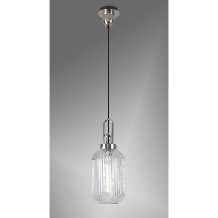 Idolite Camille 1 Light Pendant E27 With 20cm Tubular Ribbed Glass, Clear Polished Nickel/Matt Black