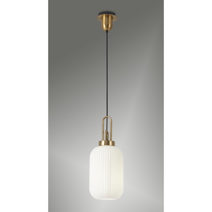 Idolite Camille 1 Light Pendant E27 With 20cm Tubular Ribbed Glass, Opal Brass Gold/Matt Black