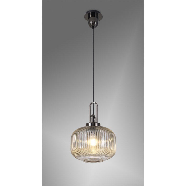 Idolite Camille 1 Light Pendant E27 With 30cm Pumpkin Shaped Ribbed Glass, Champagne Black Chrome/Matt Black