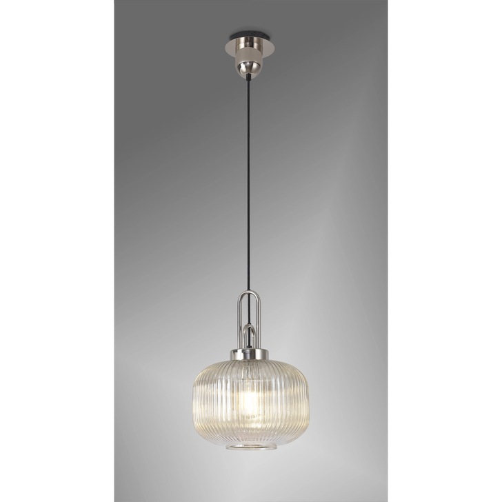Idolite Camille 1 Light Pendant E27 With 30cm Pumpkin Shaped Ribbed Glass, Champagne Polished Nickel/Matt Black