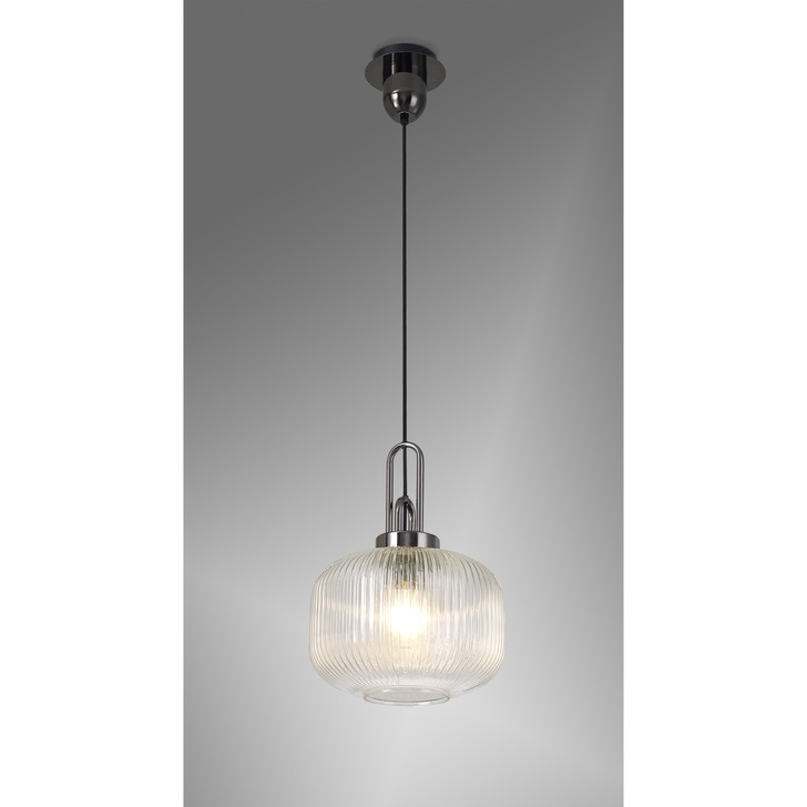 Idolite Camille 1 Light Pendant E27 With 30cm Pumpkin Shaped Ribbed Glass, Clear Black Chrome/Matt Black