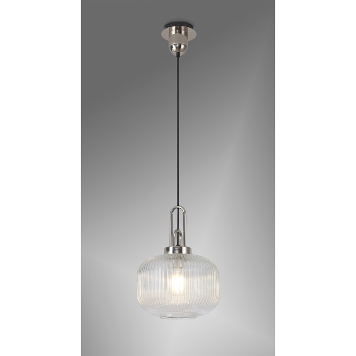 Idolite Camille 1 Light Pendant E27 With 30cm Pumpkin Shaped Ribbed Glass, Clear Polished Nickel/Matt Black