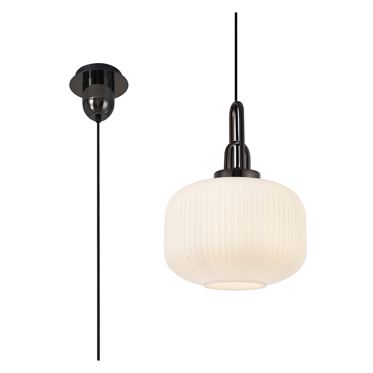 Idolite Camille 1 Light Pendant E27 With 30cm Pumpkin Shaped Ribbed Glass, Opal Black Chrome/Matt Black