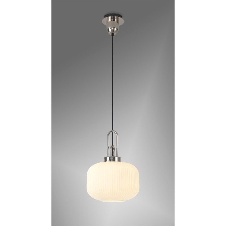 Idolite Camille 1 Light Pendant E27 With 30cm Pumpkin Shaped Ribbed Glass, Opal Polished Nickel/Matt Black