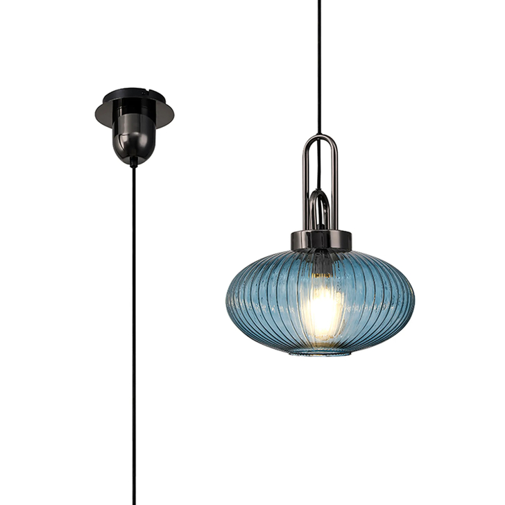 Idolite Camille 1 x E27 Pendant With 30cm Oval Sphere Ribbed Glass, Black Chrome/Petrol Blue/Matt Black