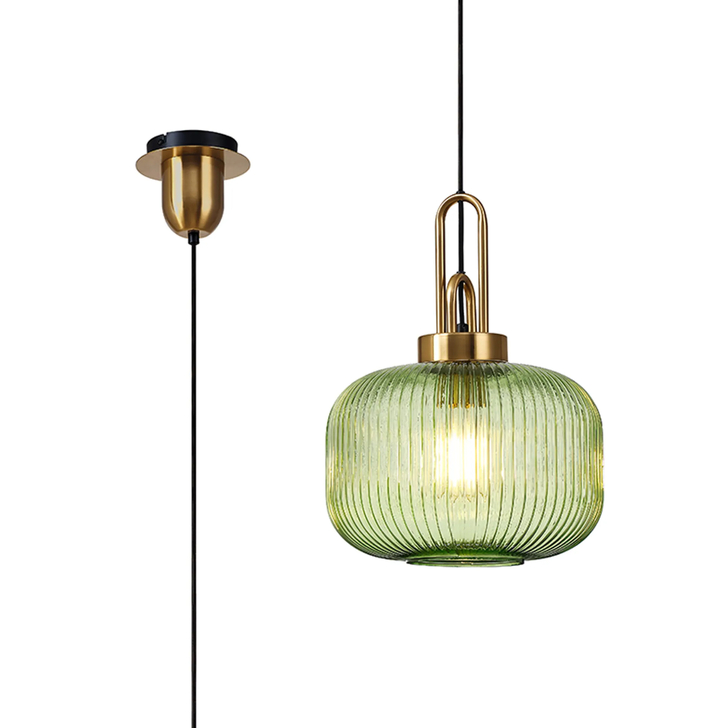Idolite Camille 1 x E27 Pendant With 30cm Pumpkin Ribbed Glass, Brass Gold/Green/Matt Black