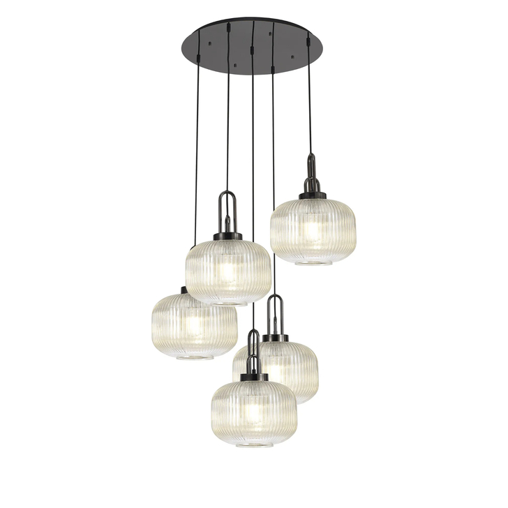 Idolite Camille 2.5m Round Pendant, 5 x E27, Black Chrome/Matt Black With 30cm Pumpkin Shaped Ribbed Champagne Glass