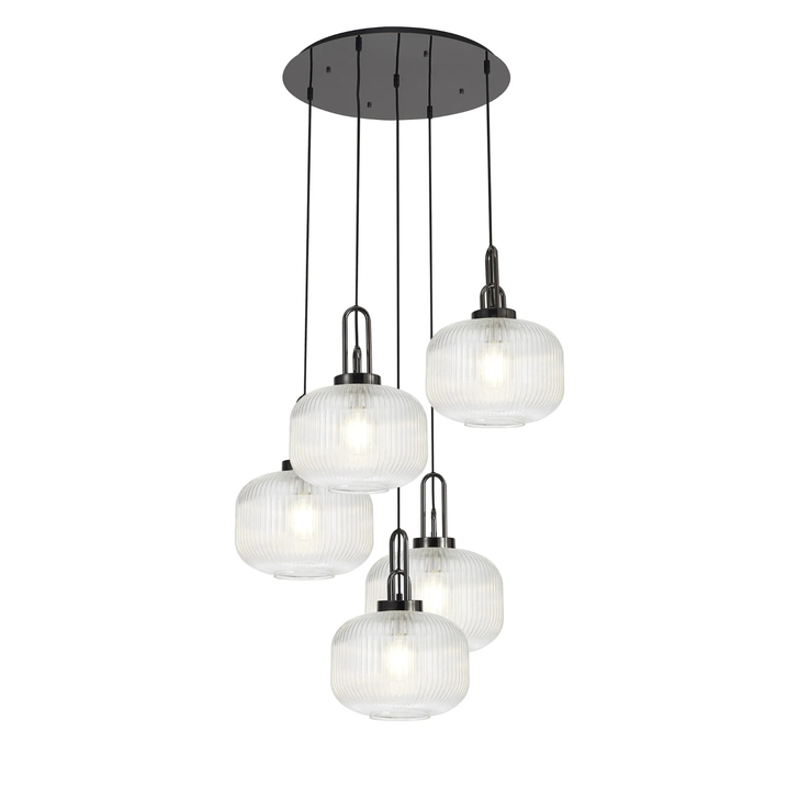 Idolite Camille 2.5m Round Pendant, 5 x E27, Black Chrome/Matt Black With 30cm Pumpkin Shaped Ribbed Clear Glass