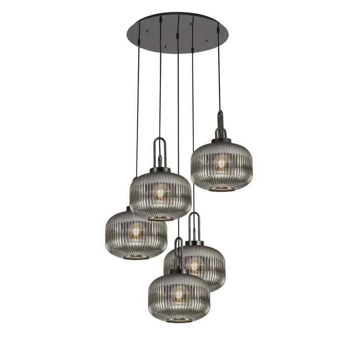 Idolite Camille 2.5m Round Pendant, 5 x E27, Black Chrome/Matt Black With 30cm Pumpkin Shaped Ribbed Smoked Glass