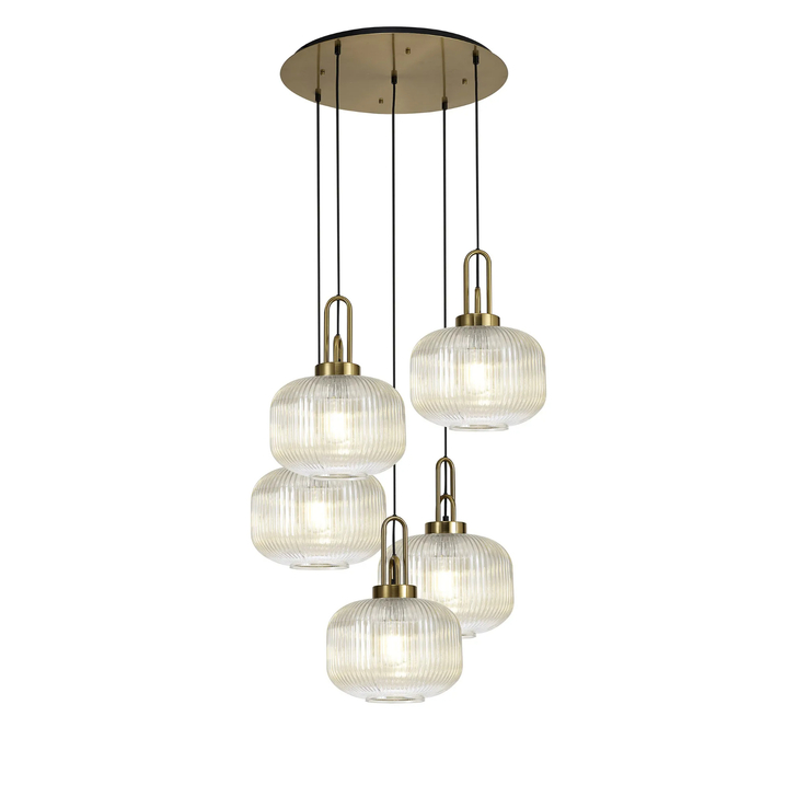 Idolite Camille 2.5m Round Pendant, 5 x E27, Brass Gold/Matt Black With 30cm Pumpkin Shaped Ribbed Champagne Glass