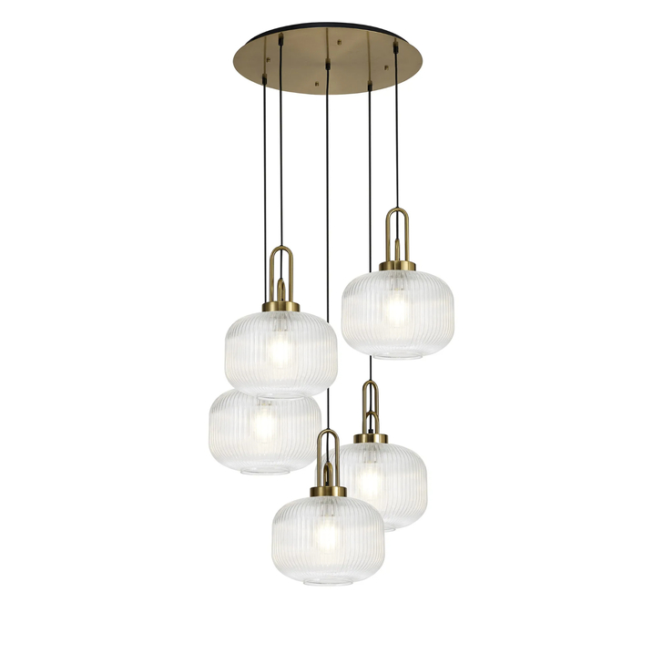 Idolite Camille 2.5m Round Pendant, 5 x E27, Brass Gold/Matt Black With 30cm Pumpkin Shaped Ribbed Clear Glass