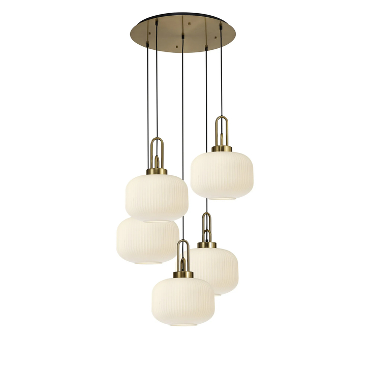 Idolite Camille 2.5m Round Pendant, 5 x E27, Brass Gold/Matt Black With 30cm Pumpkin Shaped Ribbed Opal Glass