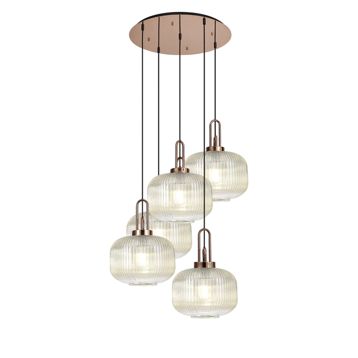 Idolite Camille 2.5m Round Pendant, 5 x E27, Copper/Matt Black With 30cm Pumpkin Shaped Ribbed Champagne Glass