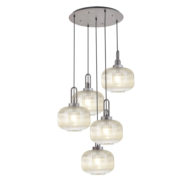 Idolite Camille 2.5m Round Pendant, 5 x E27, Pewter/Matt Black With 30cm Pumpkin Shaped Ribbed Champagne Glass