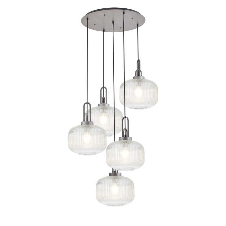 Idolite Camille 2.5m Round Pendant, 5 x E27, Pewter/Matt Black With 30cm Pumpkin Shaped Ribbed Clear Glass