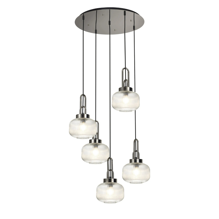 Idolite Camille 2.5m Round Pendant, 5 x E27, Polished Nickel/Matt Black With 20cm Pumpkin Shaped Ribbed Clear Glass