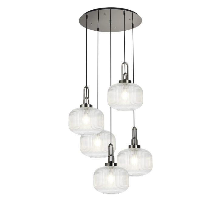 Idolite Camille 2.5m Round Pendant, 5 x E27, Polished Nickel/Matt Black With 30cm Pumpkin Shaped Ribbed Clear Glass