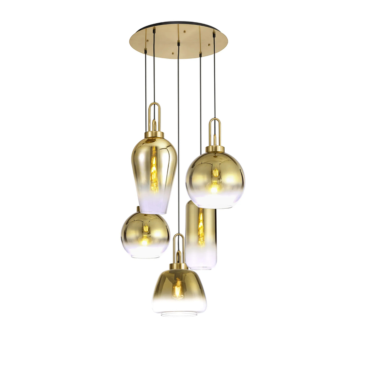 Idolite Camille 2.5m Round Pendant 5 x E27 With Various Glasses, Brass Gold/Matt Black