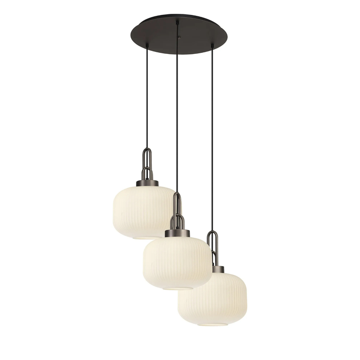 Idolite Camille 2m Round Pendant, 3 x E27, Antique Silver/Matt Black With 30cm Pumpkin Shaped Ribbed Opal Glass