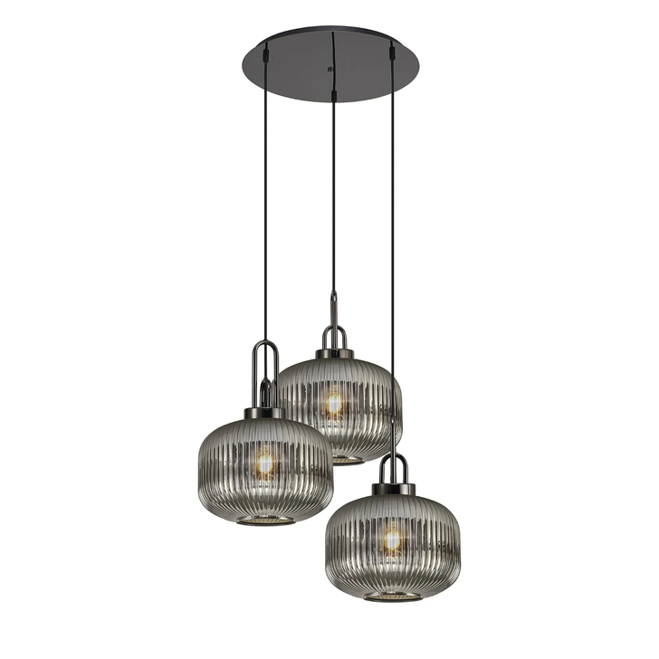 Idolite Camille 2m Round Pendant, 3 x E27, Black Chrome/Matt Black With 30cm Pumpkin Shaped Ribbed Smoked Glass