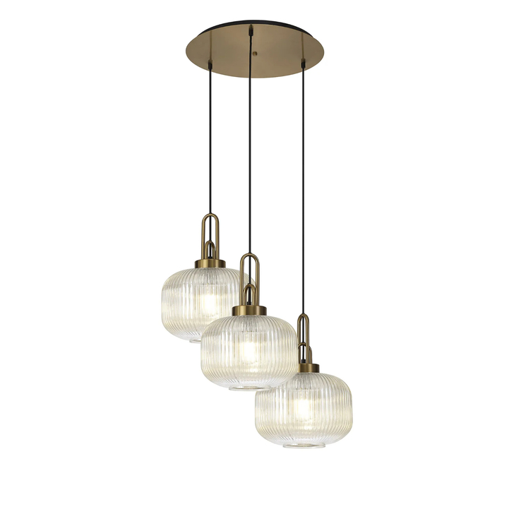 Idolite Camille 2m Round Pendant, 3 x E27, Brass Gold/Matt Black With 30cm Pumpkin Shaped Ribbed Champagne Glass