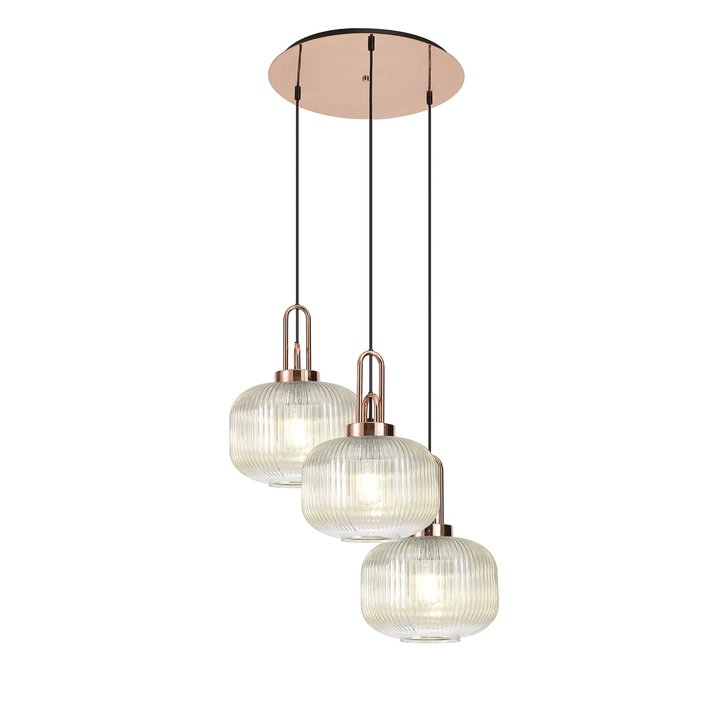 Idolite Camille 2m Round Pendant, 3 x E27, Copper/Matt Black With 30cm Pumpkin Shaped Ribbed Champagne Glass