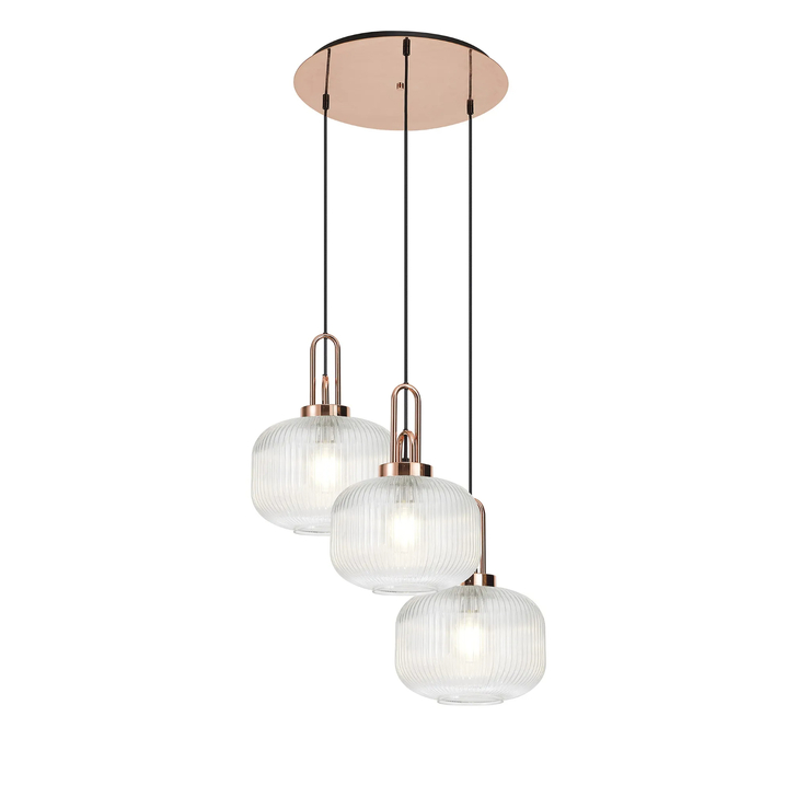 Idolite Camille 2m Round Pendant, 3 x E27, Copper/Matt Black With 30cm Pumpkin Shaped Ribbed Clear Glass