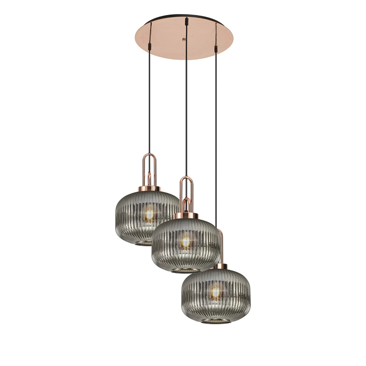 Idolite Camille 2m Round Pendant, 3 x E27, Copper/Matt Black With 30cm Pumpkin Shaped Ribbed Smoked Glass